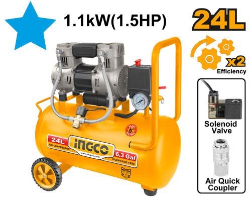 INGCO 24L 8 Bar Oil Free Air Compressor with 1.5 HP Aluminum Wire Motor (ACS111242)