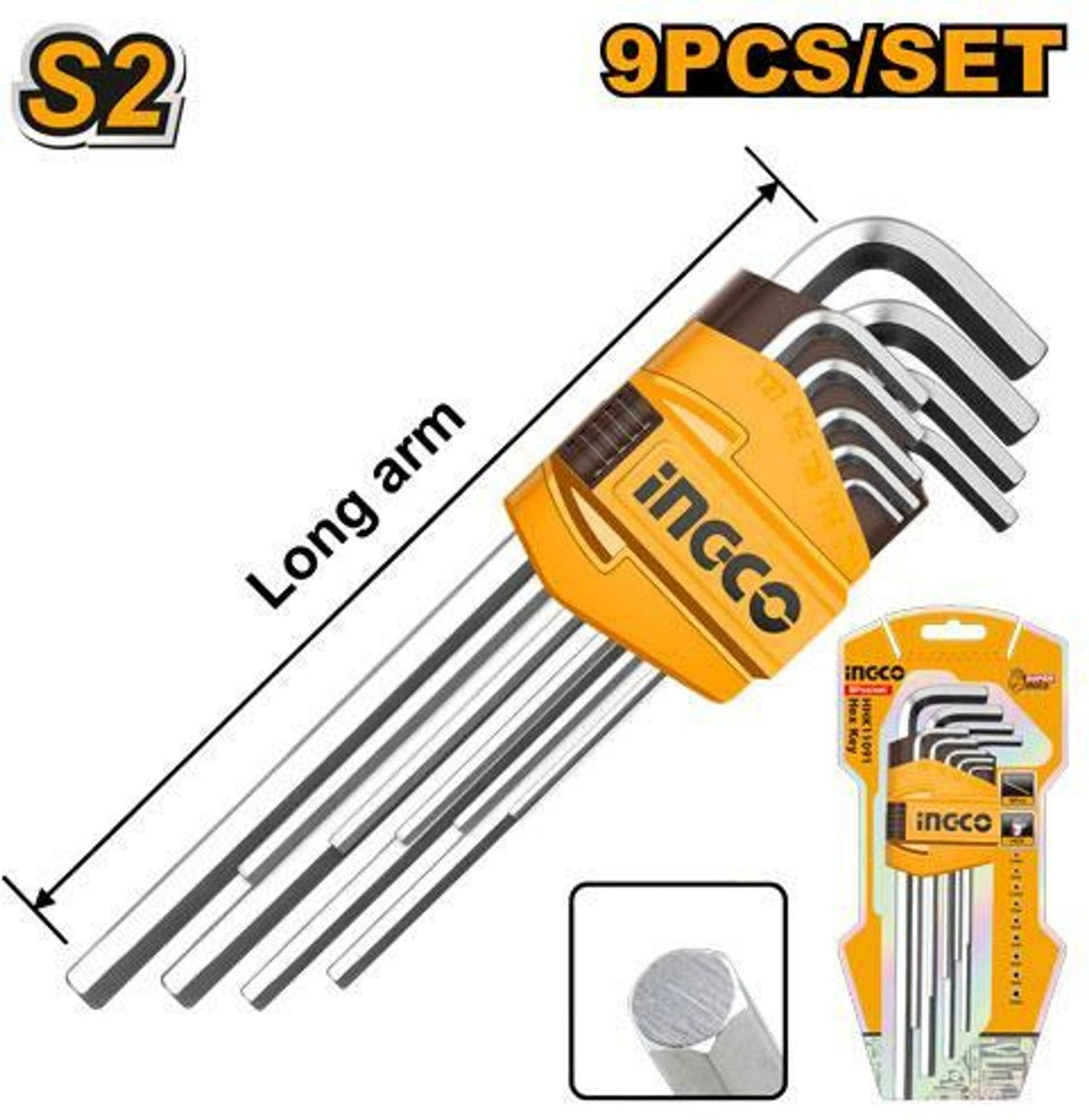 INGCO HHK11091 9-Piece Hex Key Set – CR-V Long Arm Allen Keys, 1.5–10mm