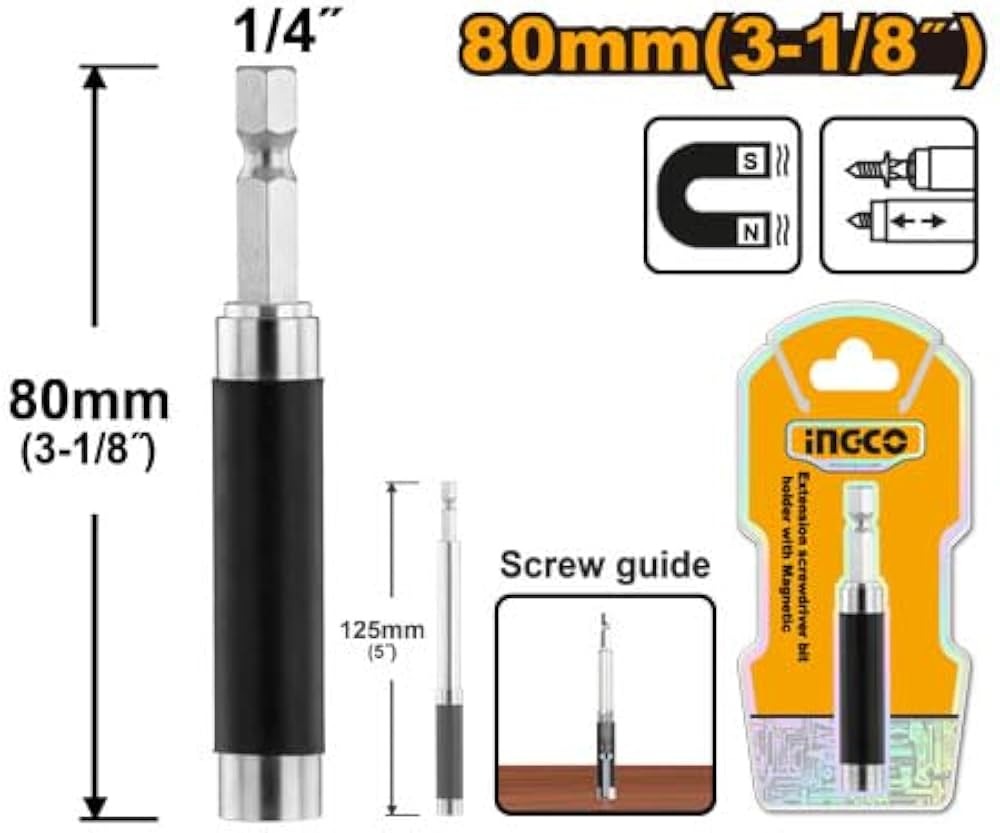 INGCO ABH30801 80mm Magnetic Extension Screwdriver Bit Holder – 1/4"