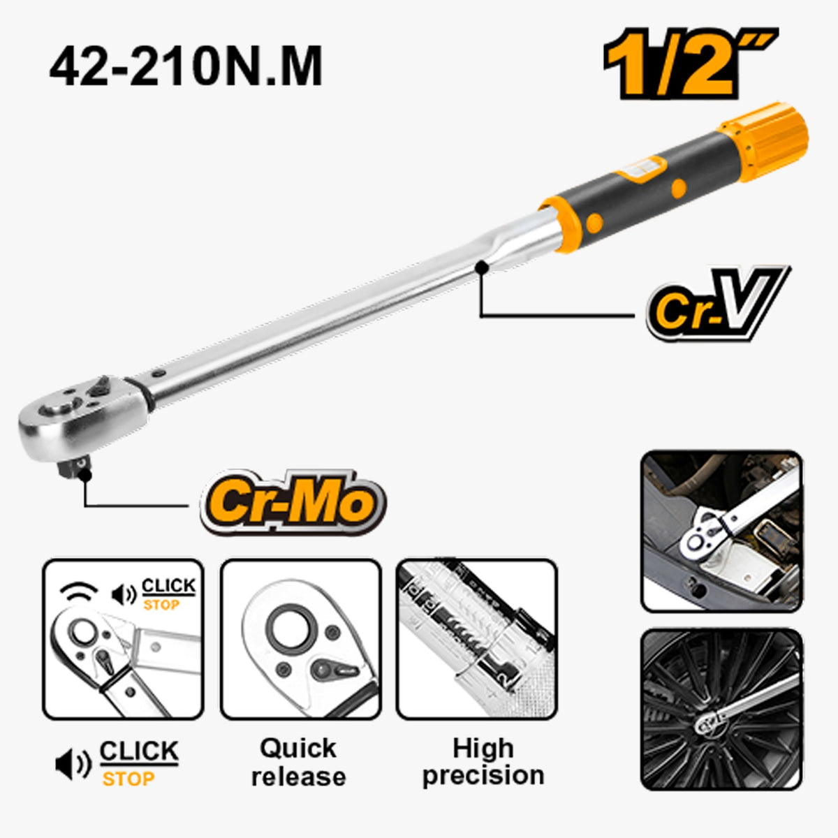 INGCO HPTW200N1 1/2" Torque Wrench 40–200 Nm – 530 mm