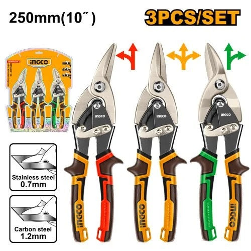 INGCO HTSNK0110 3 Pcs 250mm Aviation Snip Set – Left, Straight & Right Cut