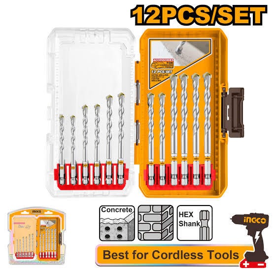 INGCO AKDL12206 – 12 Pcs 1/4" Hex Masonry Drill Bit Set, 3–10mm