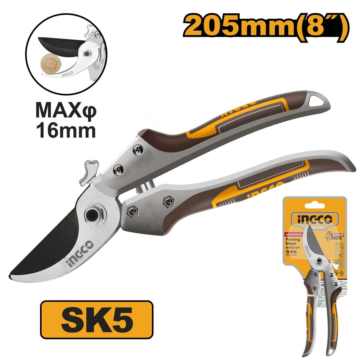 INGCO HPS0308 8 Inch Pruning Shear with Heat-Treated Aluminium Handle