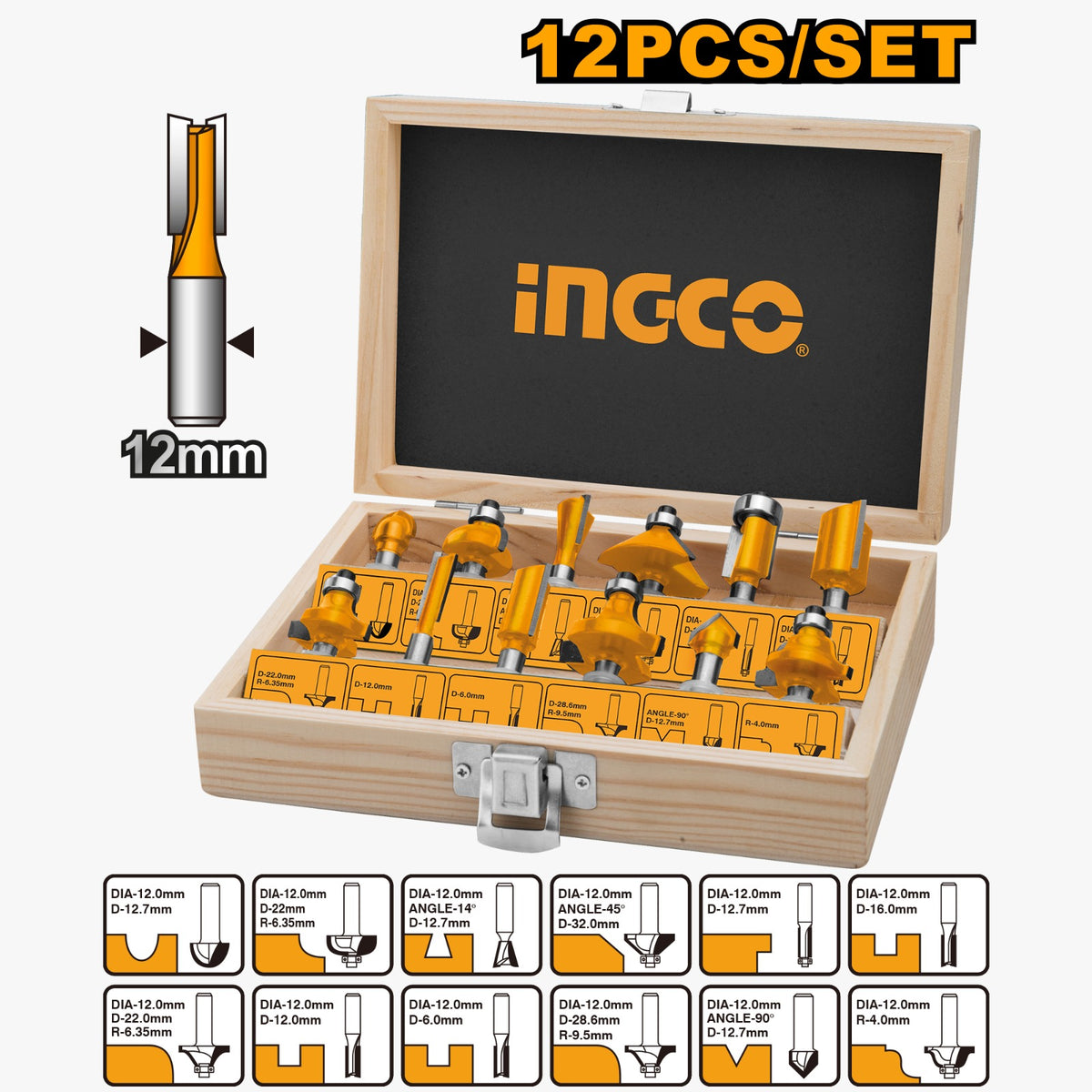 INGCO AKRT1221 12-Piece Router Bit Set with 12mm Shank for Woodworking
