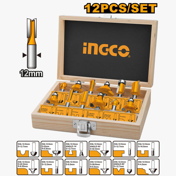 INGCO AKRT1221 12-Piece Router Bit Set with 12mm Shank for Woodworking
