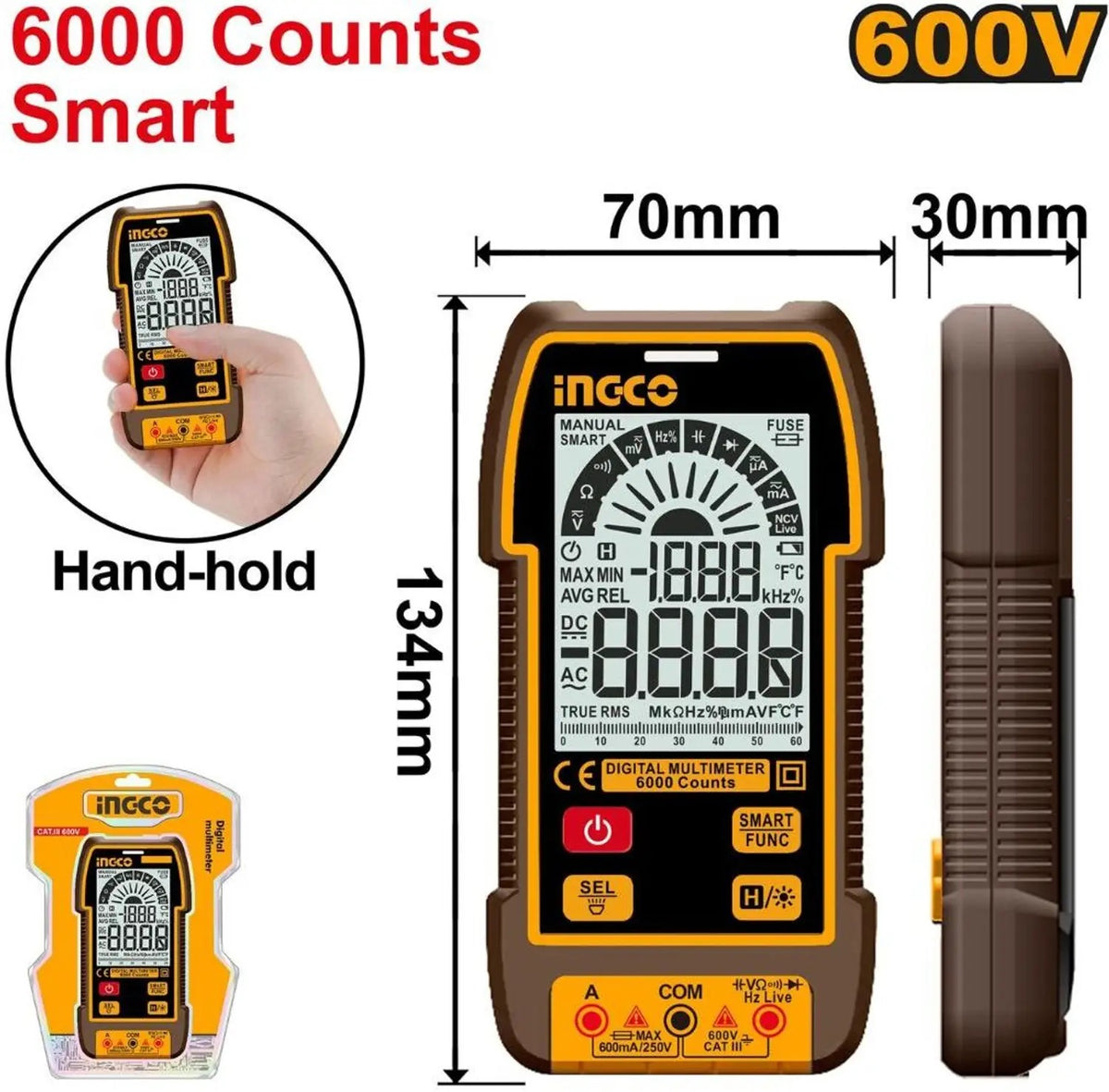 INGCO DM16004 Digital Multimeter 6000 Counts True RMS with Smart Functions