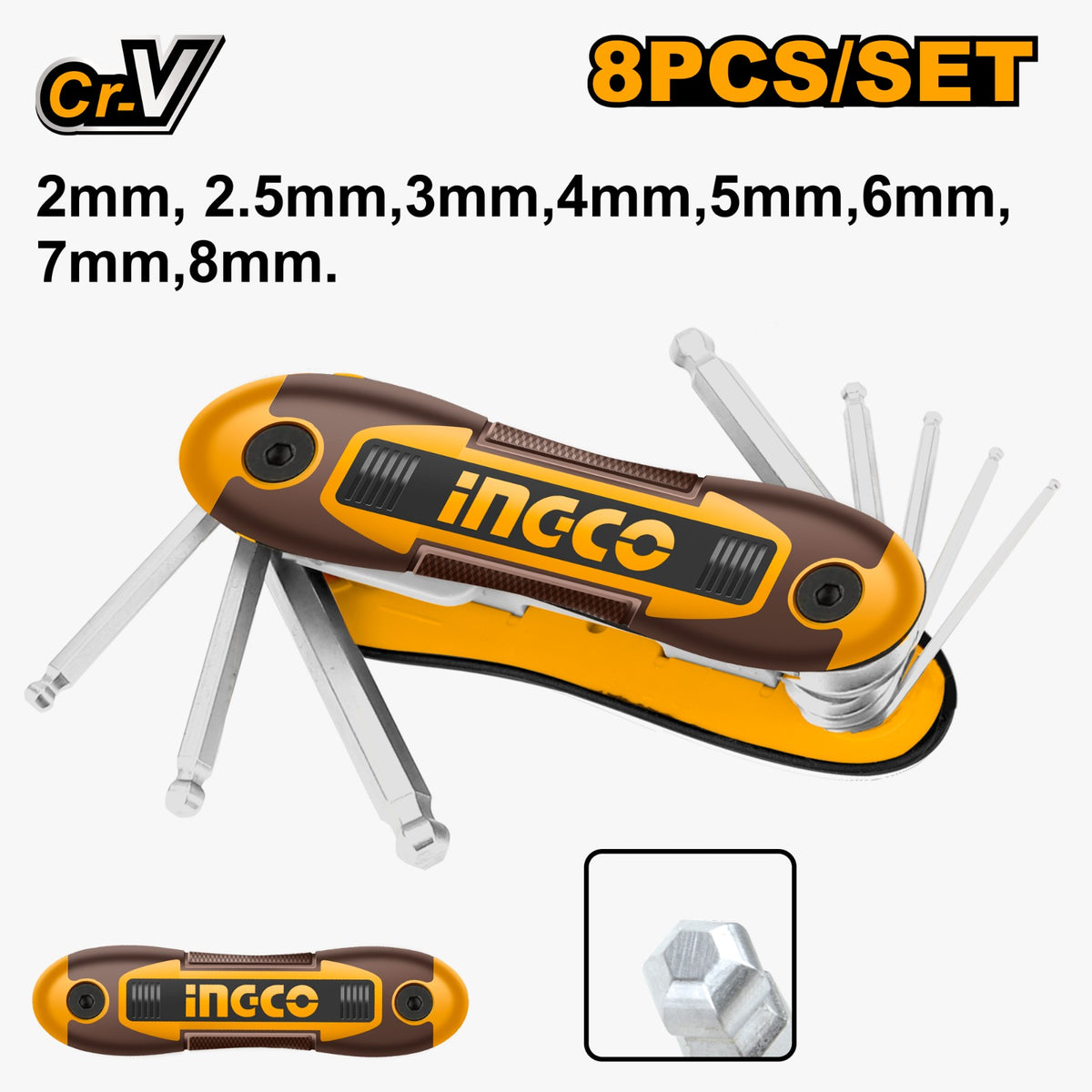 INGCO HHK14082 8 Pcs Ball Point Hex Key Set – 2-8mm Cr-V