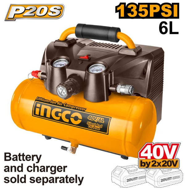 INGCO CACLI2003 40V Lithium-Ion Cordless Air Compressor – 6L, 135 PSI