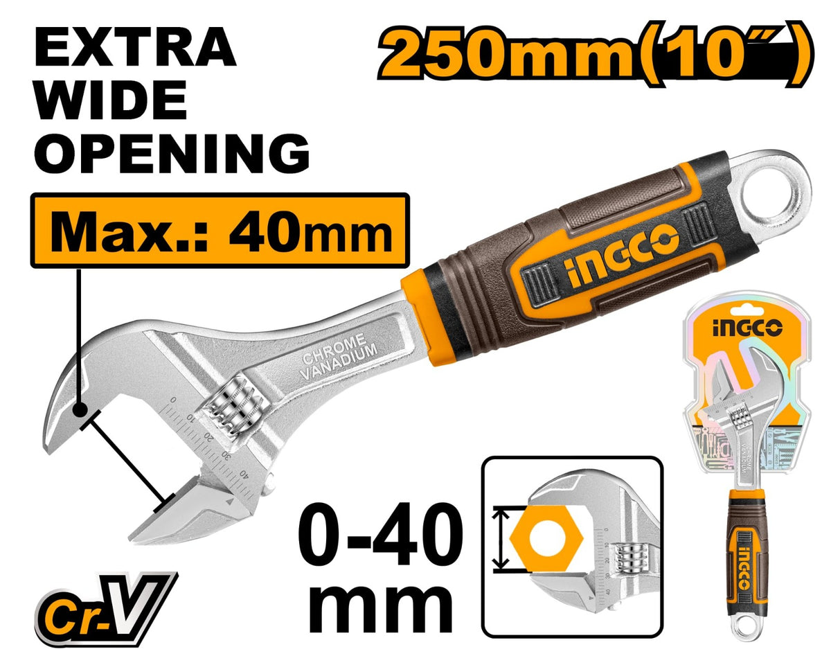 INGCO HADW131108 Adjustable Wrench 10 Inch, Cr-V Steel, 0–40mm Opening