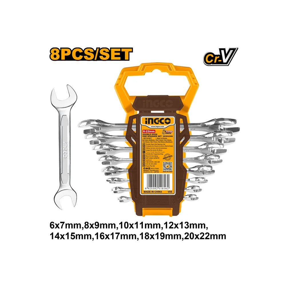 INGCO HKSPA2088 8 Pcs Double Open End Spanner Set – 6-22mm
