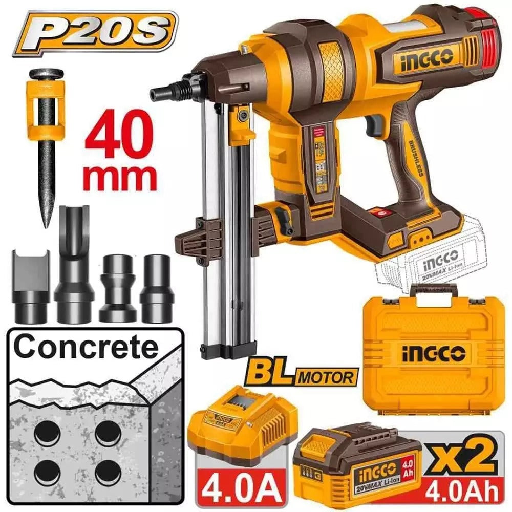 INGCO CCNLI9008 20V Brushless Cordless Concrete Nailer with 2 × 4.0Ah Batteries, Charger and 1000 Nails