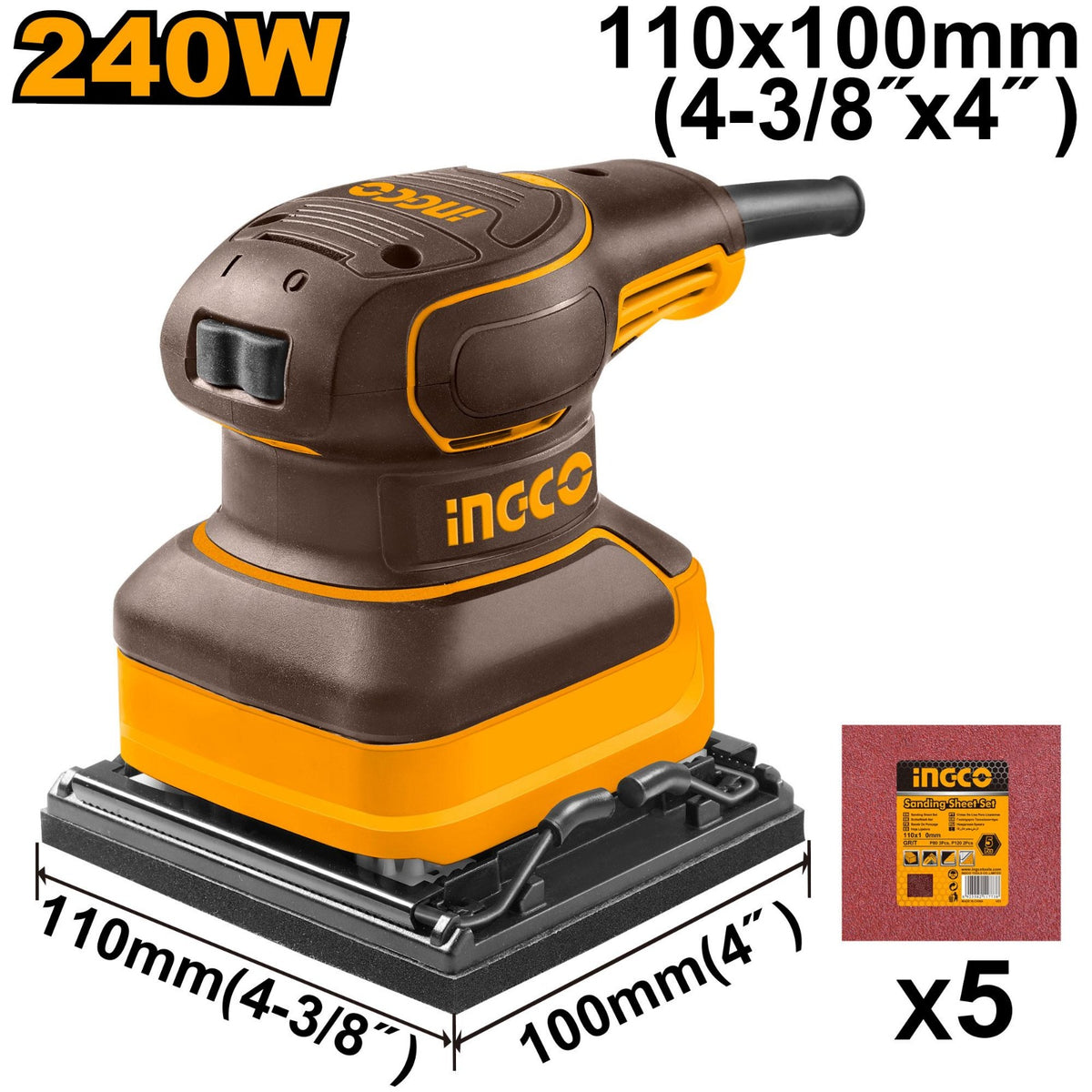 INGCO PS2416 240W Palm Sander – 14000 RPM, 110 × 100 mm Sanding Base