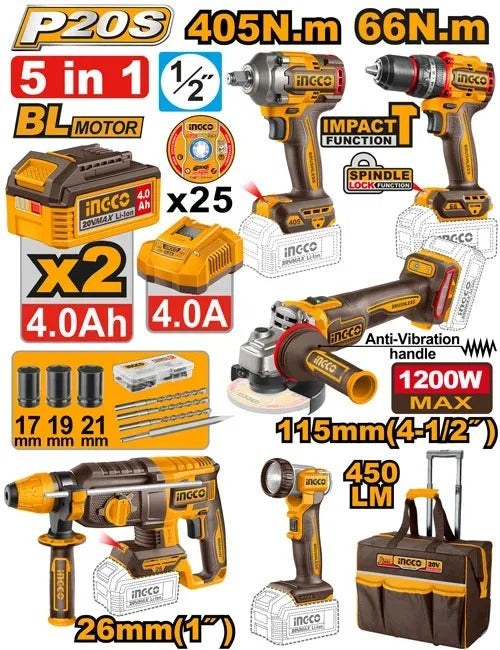 INGCO CKLI20595 20V Cordless Brushless 5-Piece Combo Tool Kit with 2 Batteries, Charger and Accessories