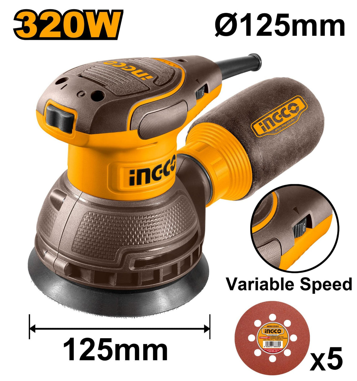 INGCO RS3216 320W Rotary Sander – 125mm Variable Speed