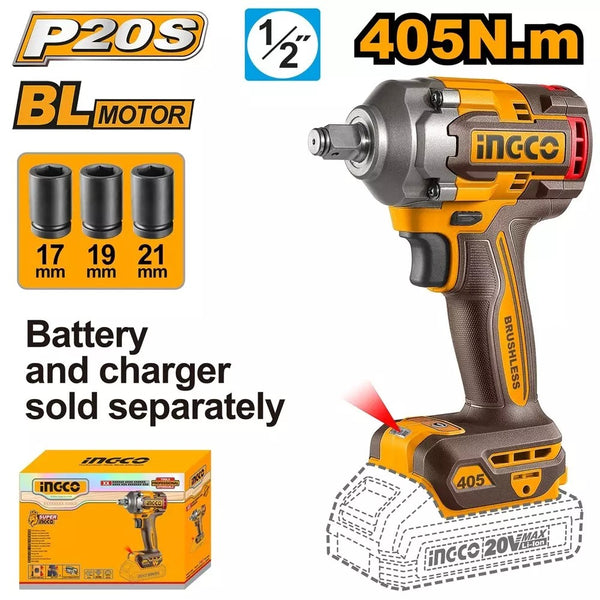 INGCO CIWLI20451 20V Brushless Cordless Impact Wrench – 405Nm