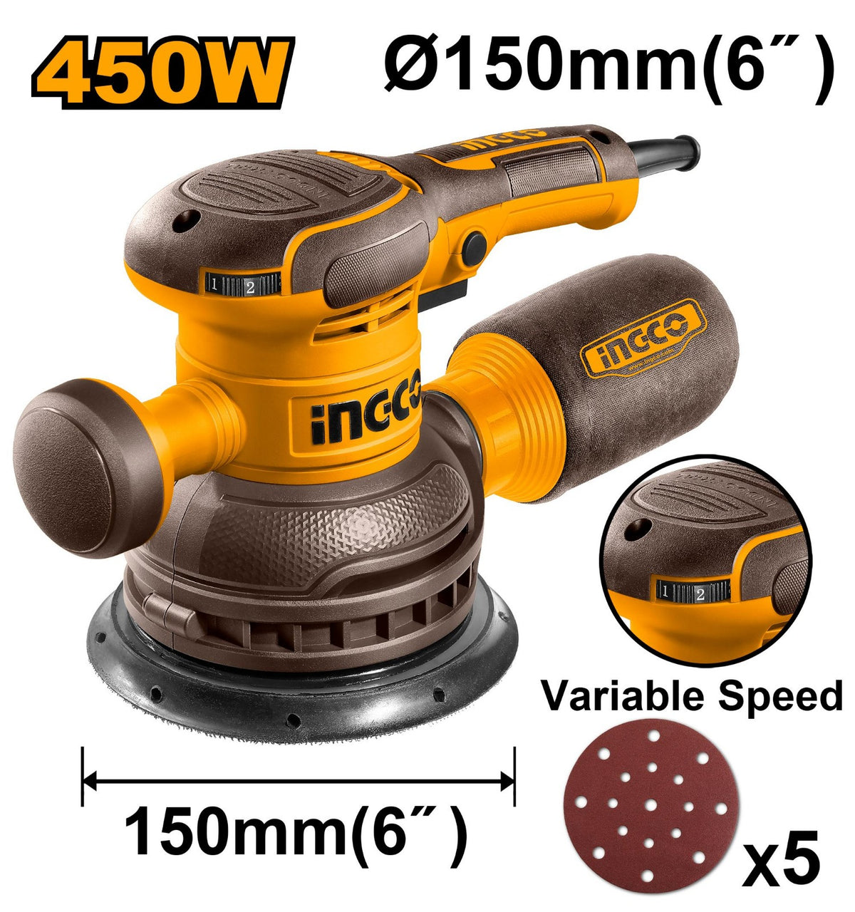 INGCO RS4516 450W Rotary Sander, 150mm Sanding Pad with Variable Speed Control