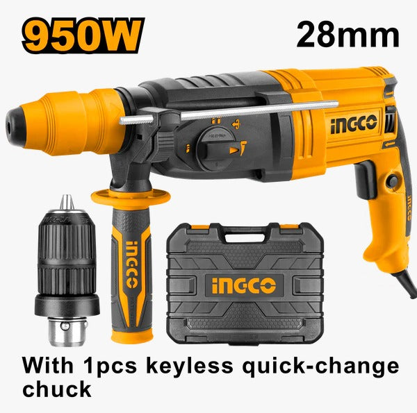 INGCO RGH9528-2 950W Rotary Hammer Drill – 28mm SDS Plus, 2.5J Impact Energy with Keyless Quick-Change Chuck