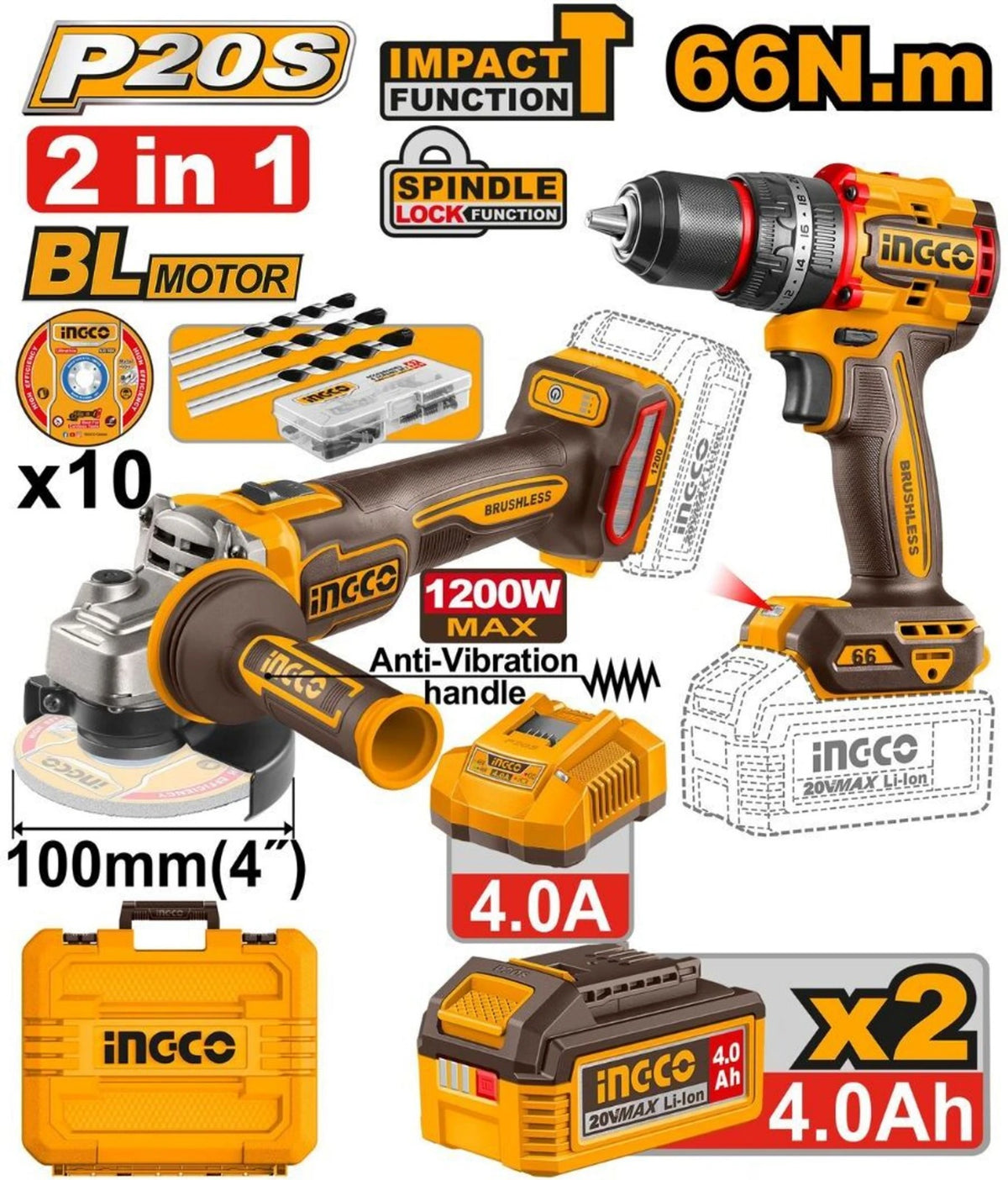 Ingco 2 Pcs 20V Cordless Angle Grinder & Impact Drill Combo Kit With Battery, Charger & Accessories