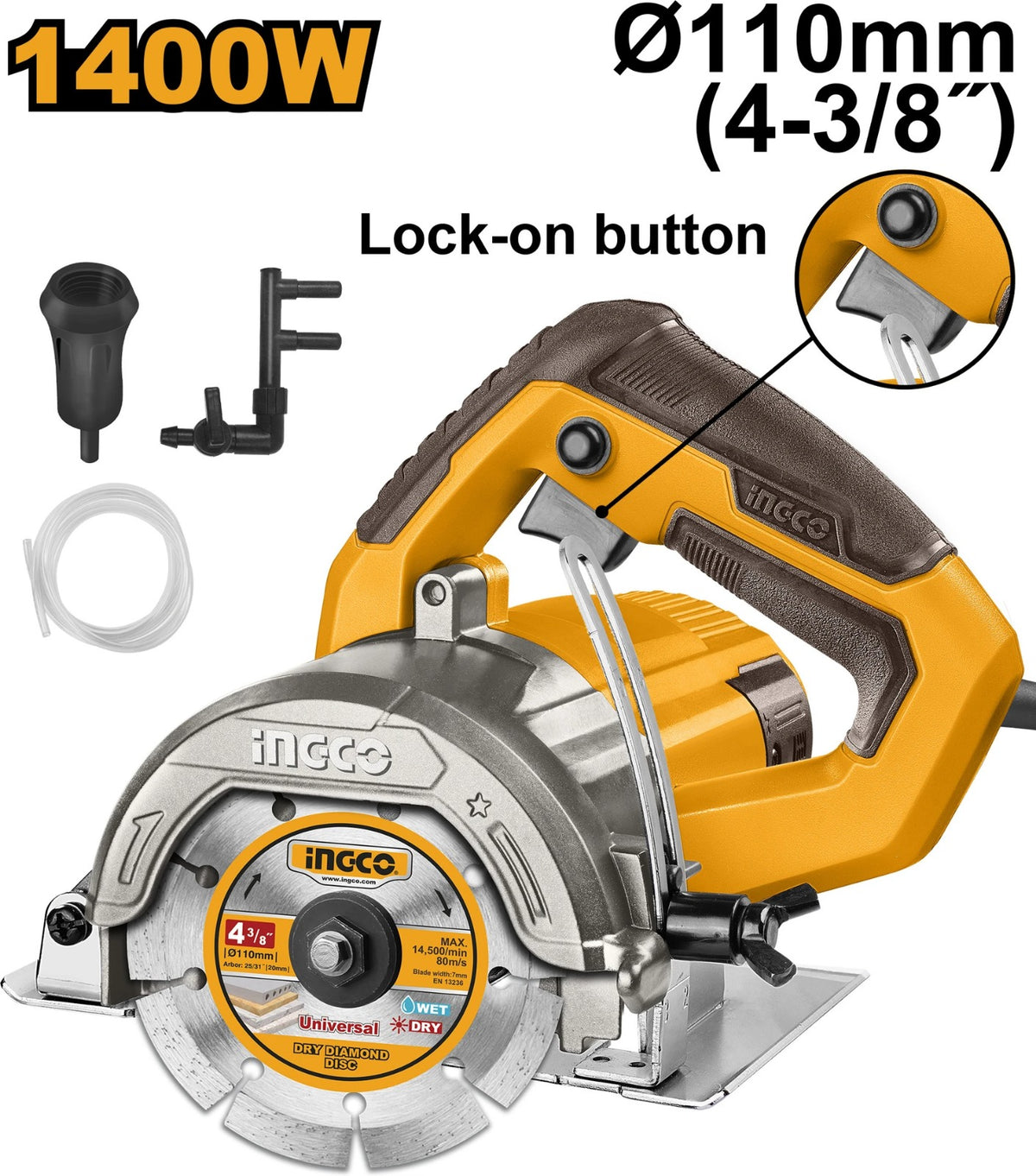 Ingco 110mm (4-3/8") 1400 Watt Marble Cutter With Cutting Disc, 13000 RPM