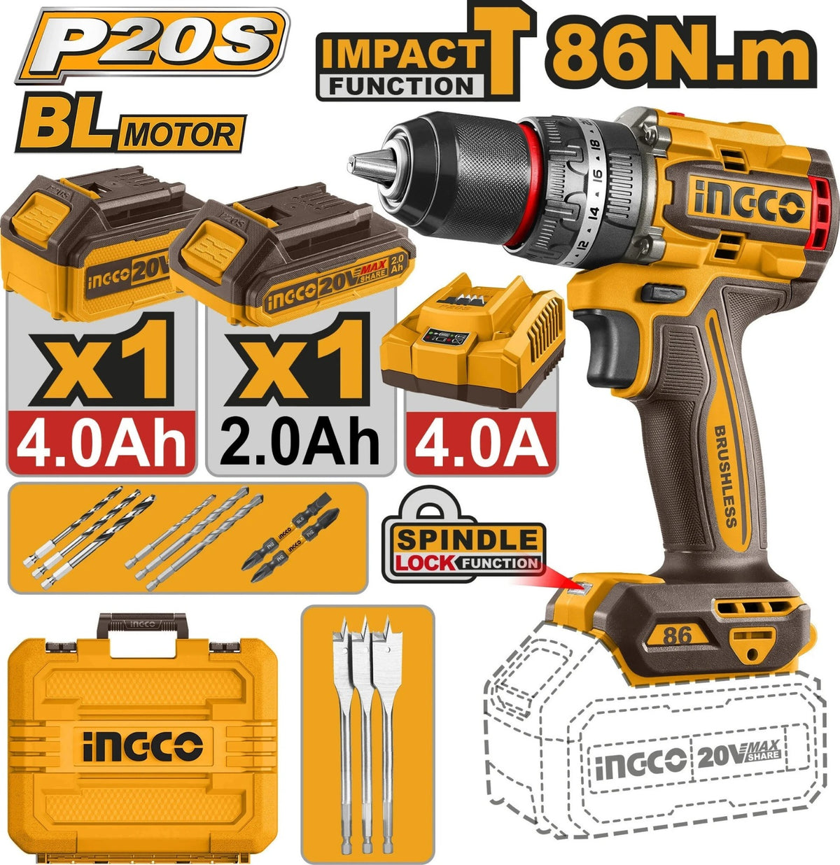 INGCO 86nm Brushless cordless impact Drill (13 mm Chuck Size)