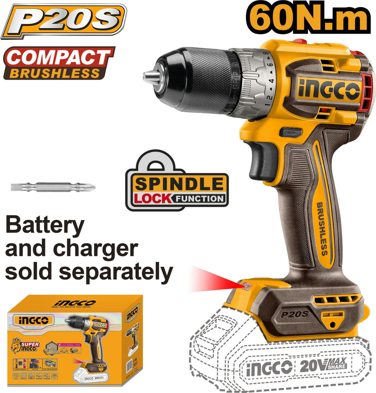 INGCO 60nm Compact Brushless Cordless Drill Without Battery and Charger CDLI206021 Pistol Grip Drill (13 mm Chuck Size)