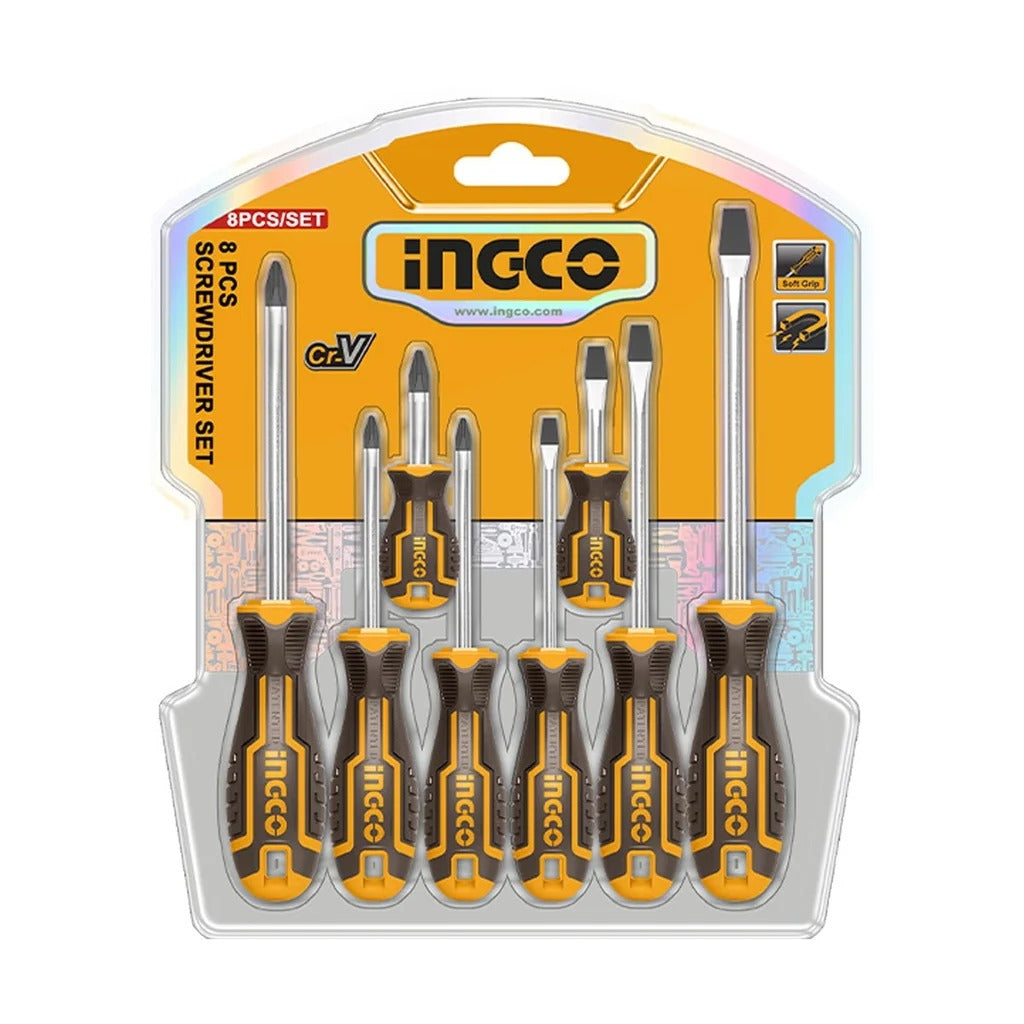 INGCO 8 Pcs Screwdriver Set – CR-V Round Blade Screwdriver Set