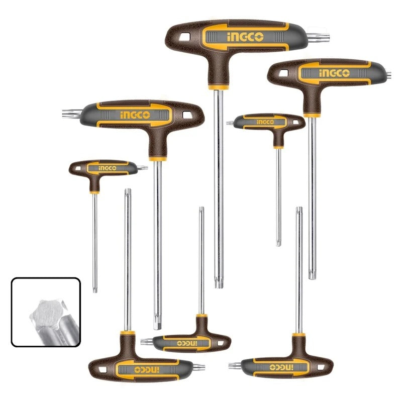 INGCO 8-Piece T-Handle Torx Set | S2 Steel | T10–T50 | Heat Treated | Chrome Plated | Professional Workshop Tool