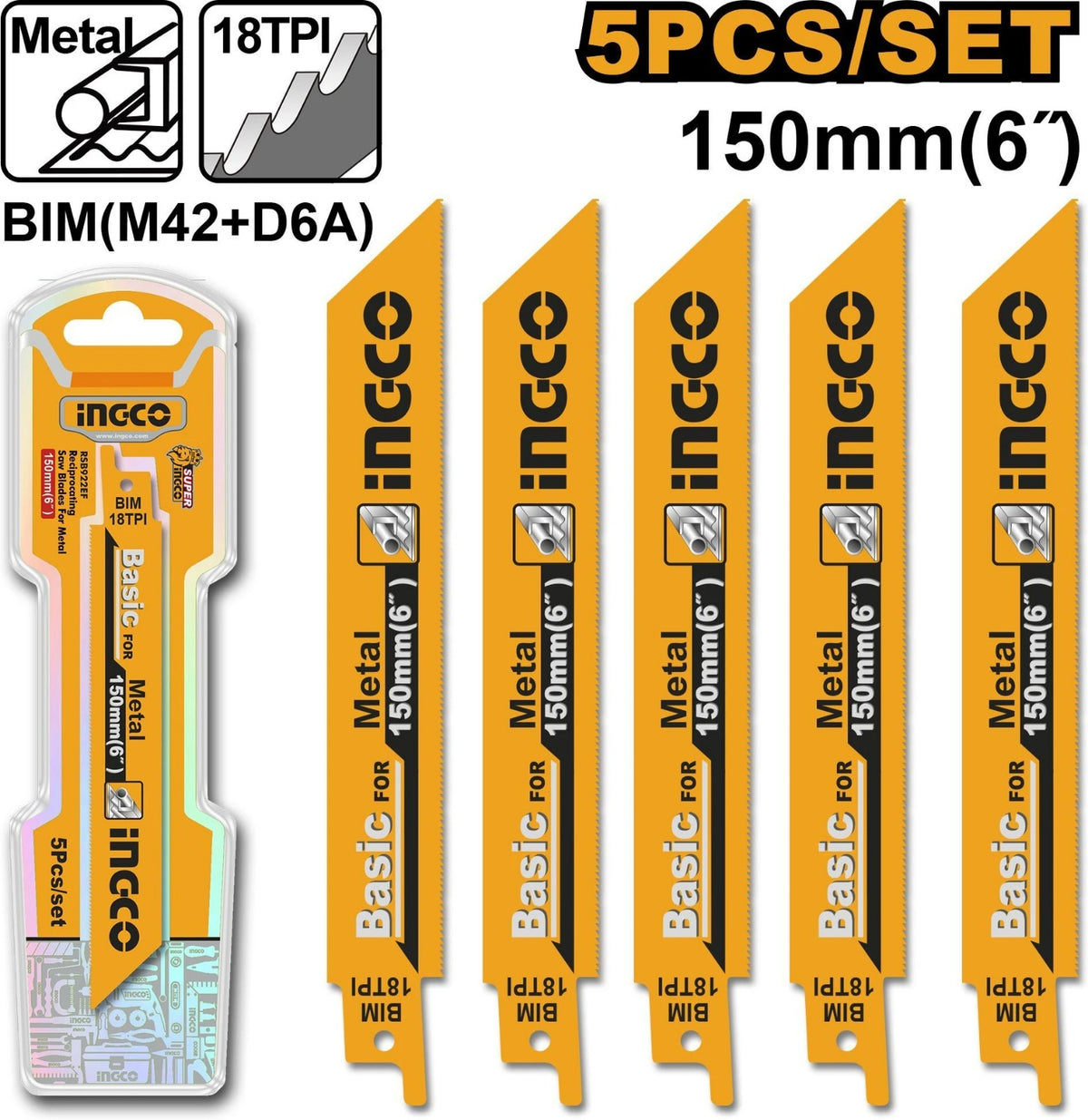INGCO RSB922EF 150mm (6") 18TPI BIM Reciprocating Saw Blades for Metal – 5 Pcs Set