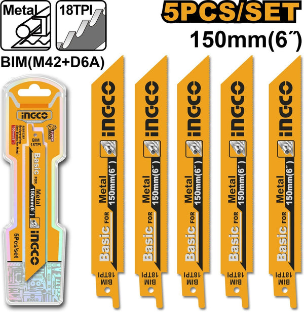 INGCO RSB922EF 150mm (6") 18TPI BIM Reciprocating Saw Blades for Metal – 5 Pcs Set