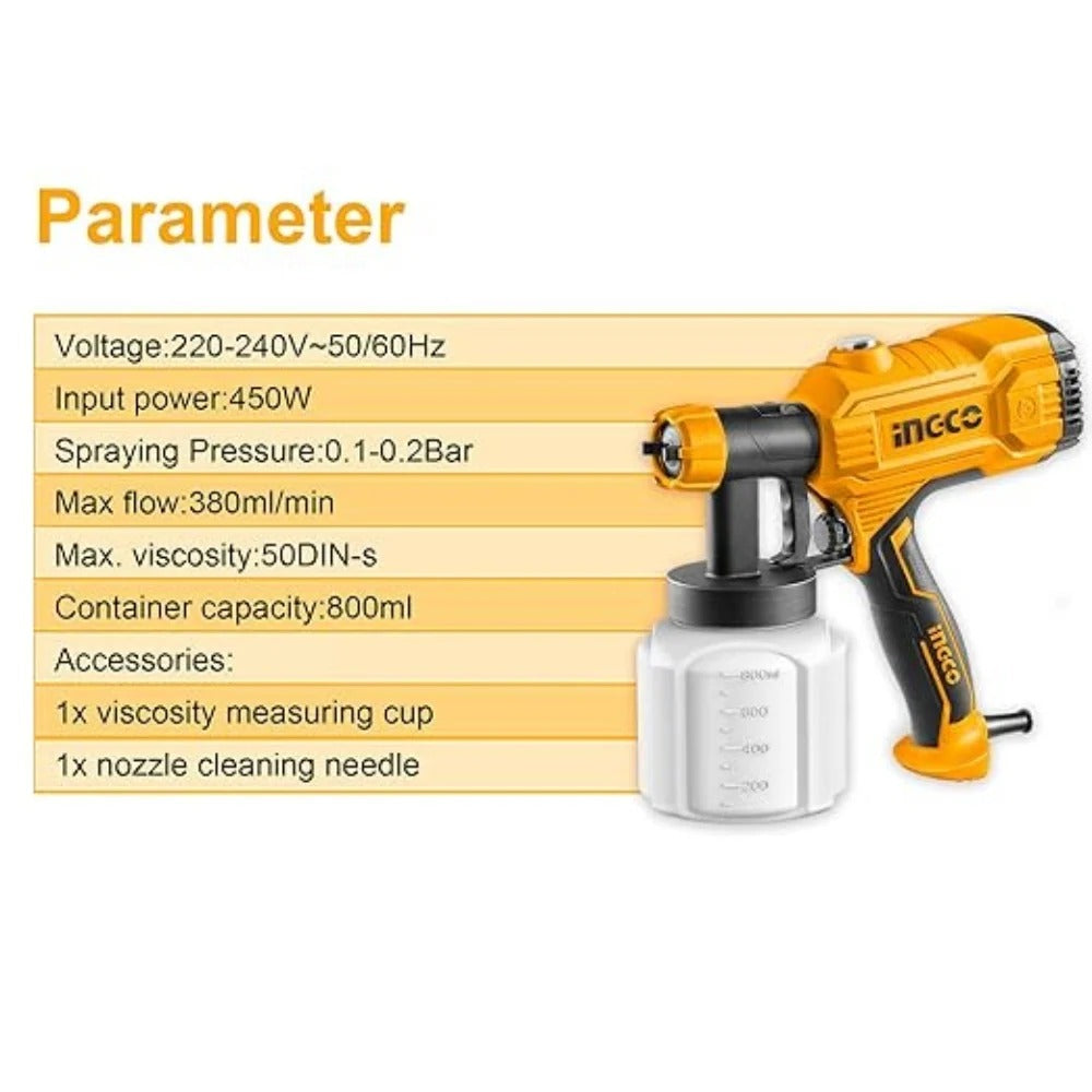 INGCO SPG3508 450W Electric Paint Spray Gun – 800ml