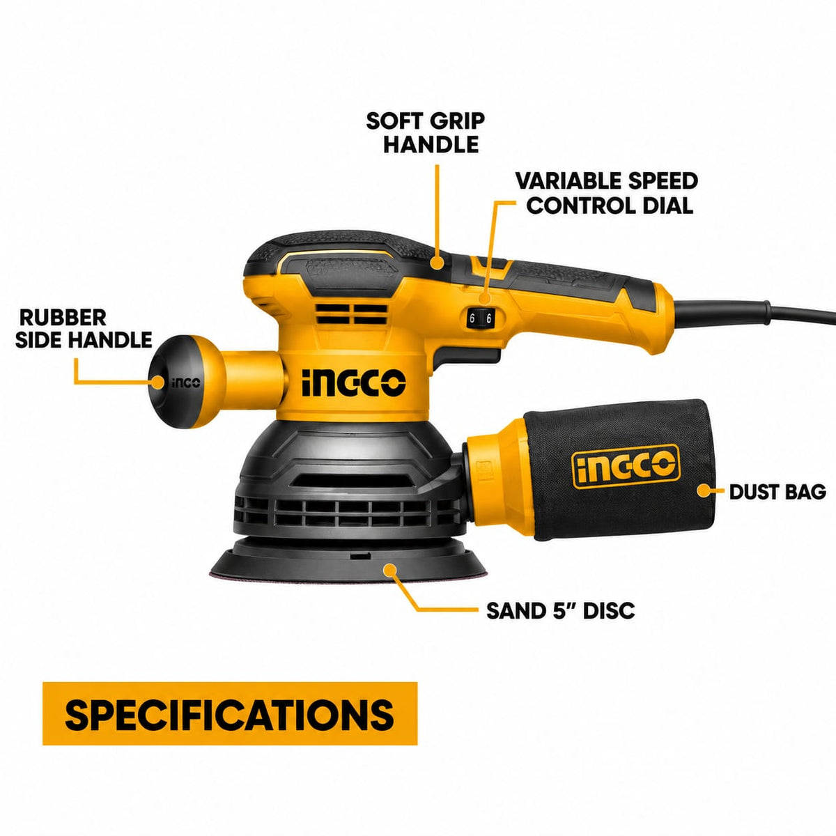 INGCO RS4516 450W Rotary Sander, 150mm Sanding Pad with Variable Speed Control