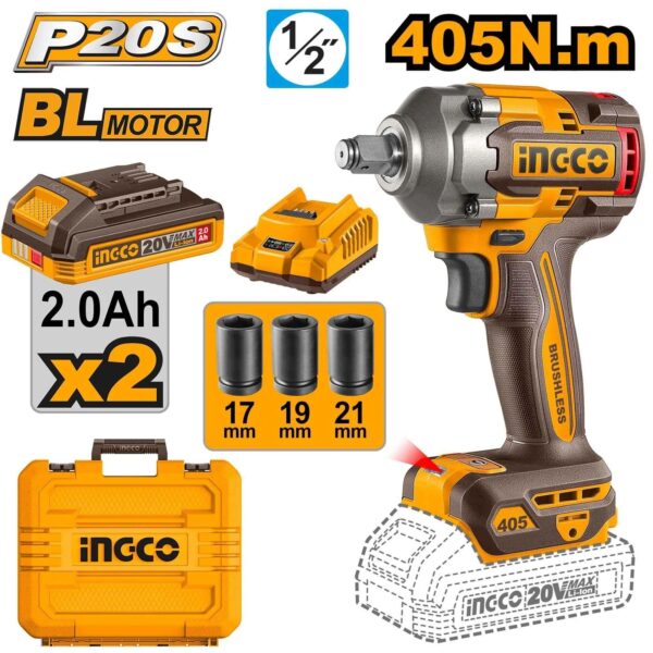 INGCO CIWLI2045 20V Brushless Cordless Impact Wrench – 405Nm | 1/2" Drive