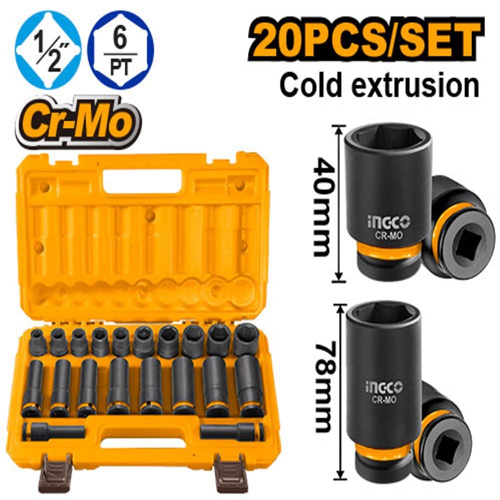 INGCO HKISSD12203L 20PCS 1/2"DR CR-MO STD & DEEP IMPACT SOCKET SET 10-24MM