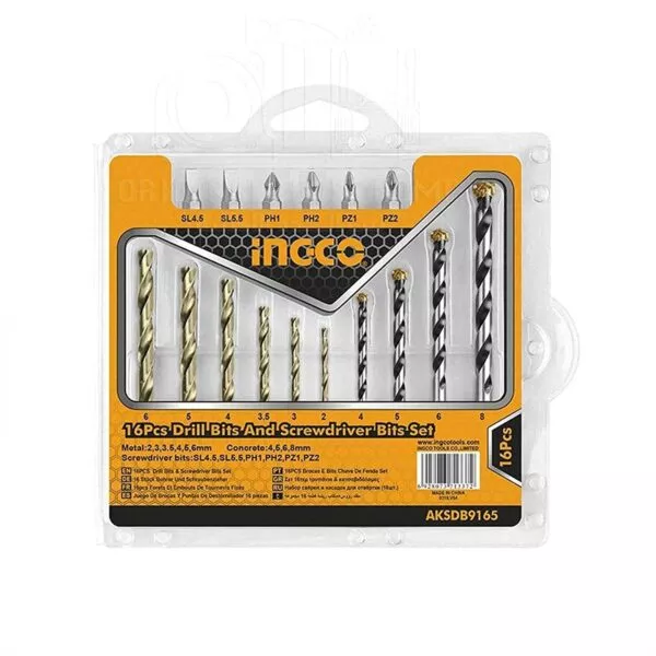 Ingco AKSDB9165 - 16 Pcs Drill Bits & Screwdriver Bits Set